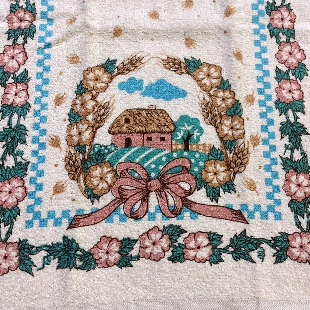 VTG‎ CANNON Hand Kitchen Towel Fringe 70s NOS Farmhouse Barn Flower Bow Wheat